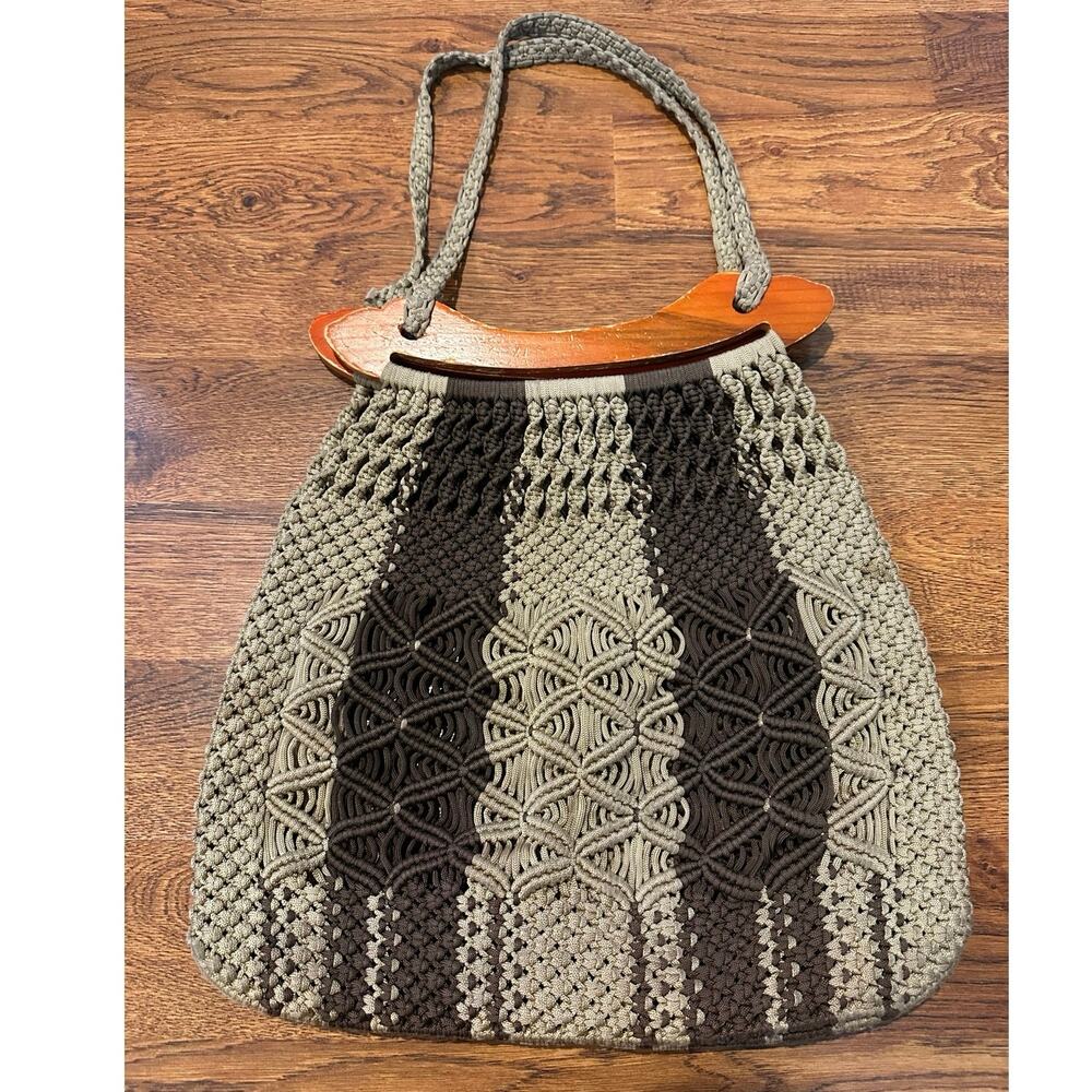 Vintage Style Macrame Bag w/ Wooden Handle Brown Beige Unique Boho Vibes